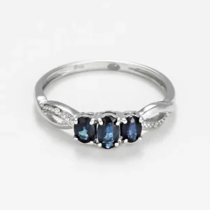Remise Bague Or Blanc 375/1000 Trio Azul Diamant 0,01/2 Saphir 0,80/3