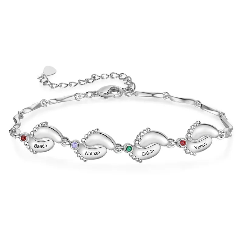 Bracelet Pied Bébé 4 Prénoms Personnalisés avec Pierres de Naissance pour Femme Meilleur Prix
