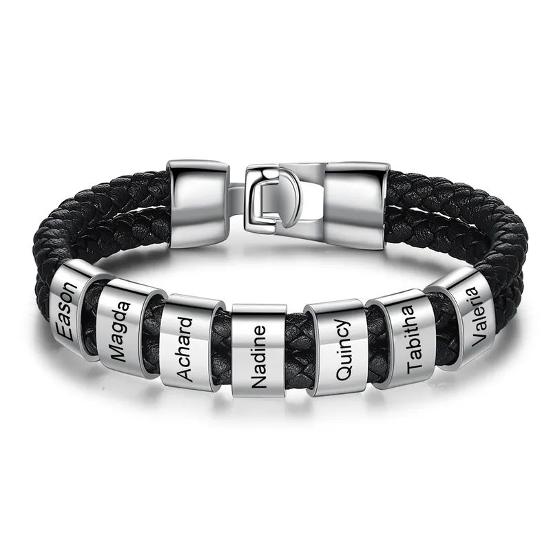 Bracelet Cuir tressé 7 Perles Prénom Personnalisé Homme Satisfait Ou Remboursé