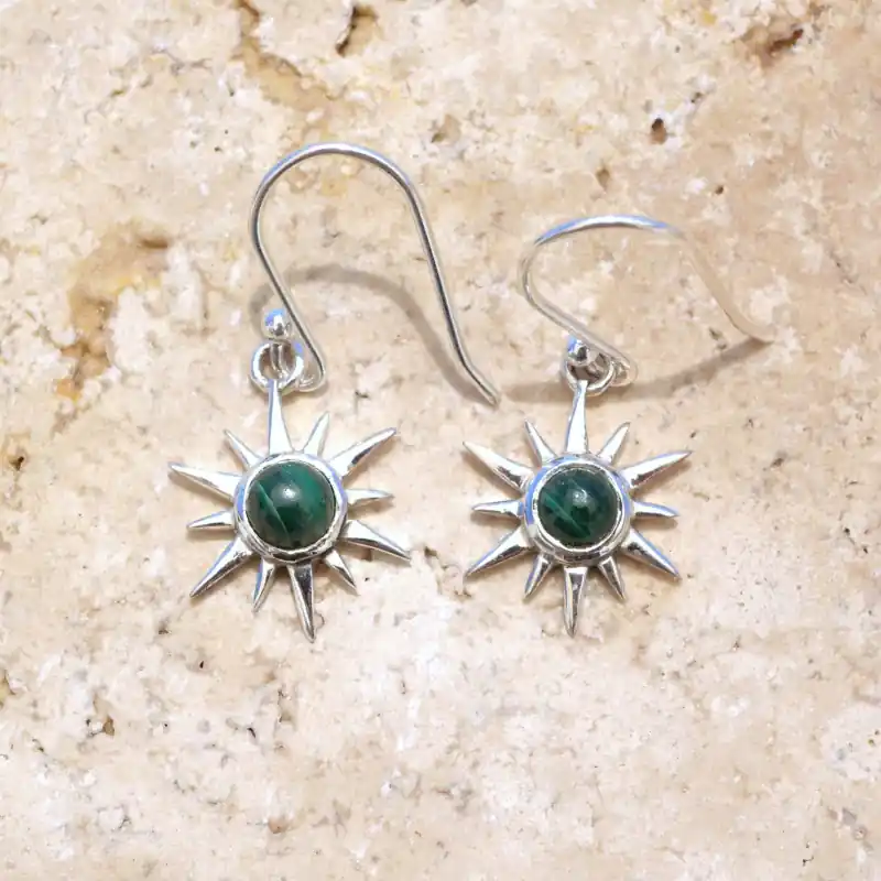 Promotion Petites boucles d'oreilles Soleil argent pierre Malachite