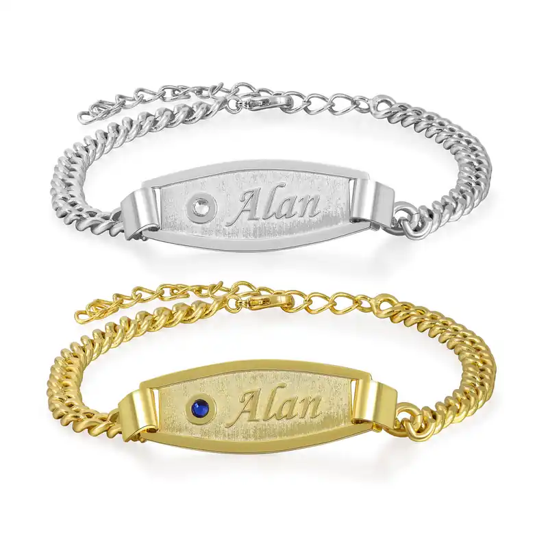 Bracelet couple Gourmette 2 Prénoms Personnalisé avec 2 Pierres de Naissance pour couple Dernière Chance