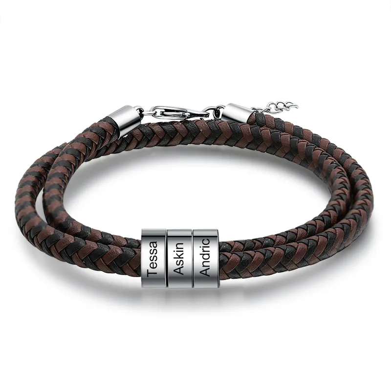 Bracelet Homme Personnalisé en Cuir Tressé et Acier Inoxydable | Gravure de 3 Noms Top Qualité