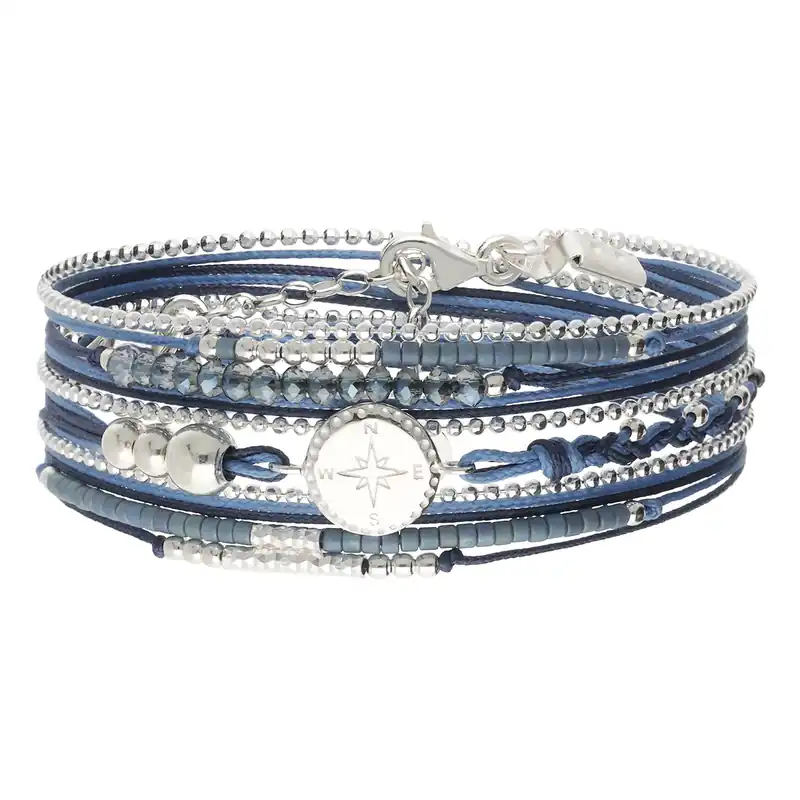 Bracelet 3 Tours Argent 925 Bleu Rose Des Vents Gros Lot