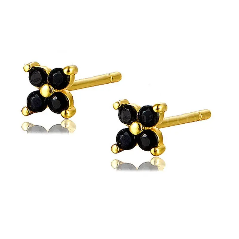 Usine Directe Boucles d'oreilles argent 925 or fleur diamant CZ noir