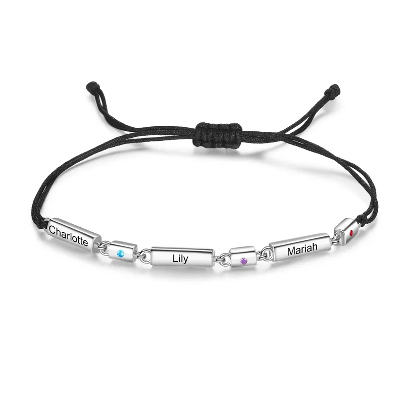 Must-Have Bracelet 3 Prénoms Personnalisé avec 3 Pierres de Naissance Noeud Coulissant