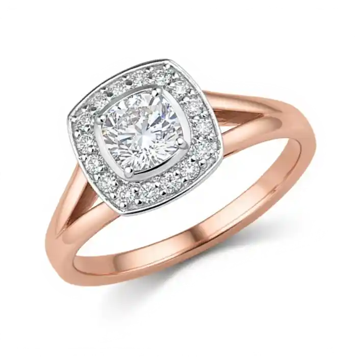 Bague Eleonore diamant solitaire serti clos .50ct et halo sur épaulements ouverts en or 14k pour femme Solde