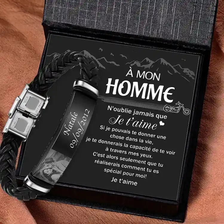 Prix Promo À mon Homme - Bracelet Prénom et Photo Personnalisés avec Date pour Homme