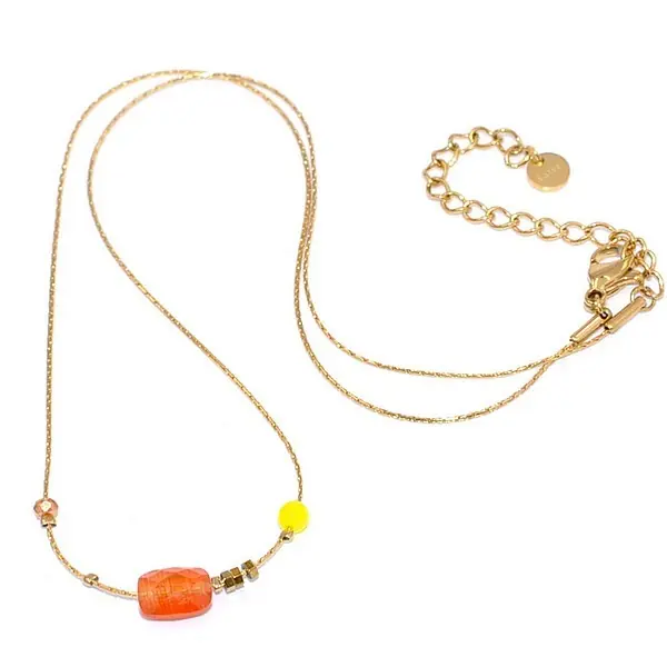 Certifié Collier pour femme - Acier doré - Pierre minérale gemme orange