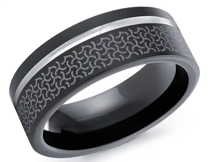 Jonc Yerevan 8mm cobalt noir mat avec motifs et ligne polie blanche pour homme Dernière Chance