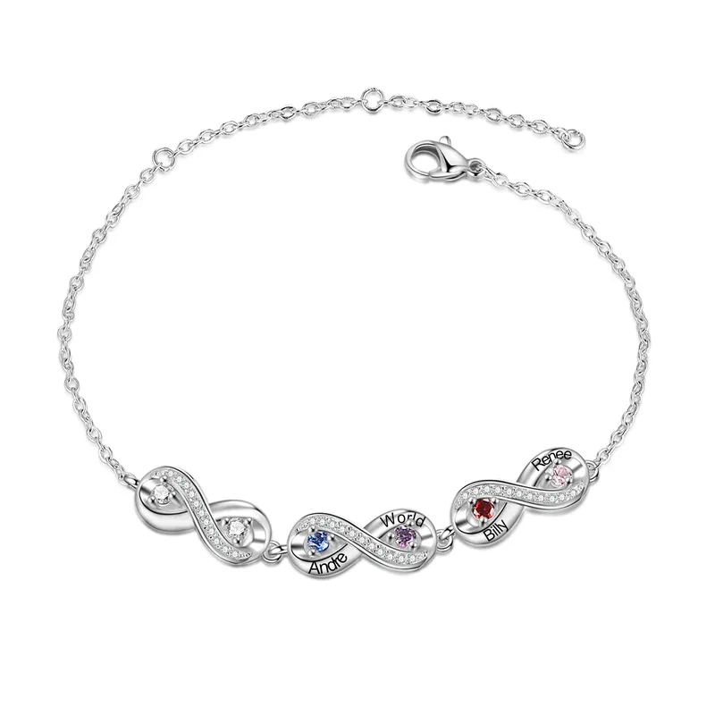 Bracelet Infini 4 Prénoms Personnalisé avec 4 Pierres de Naissance Usine Directe