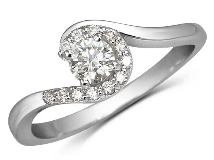 Bague Colette à diamants avec un effet halo central et jonc dévié en or blanc 14K pour femme Livraison Gratuite