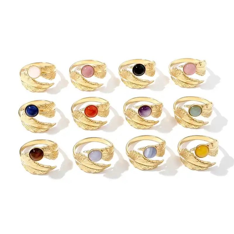 Lot de 12 Bagues acier inoxydable pierres naturelles mélangées motif feuille Réduction