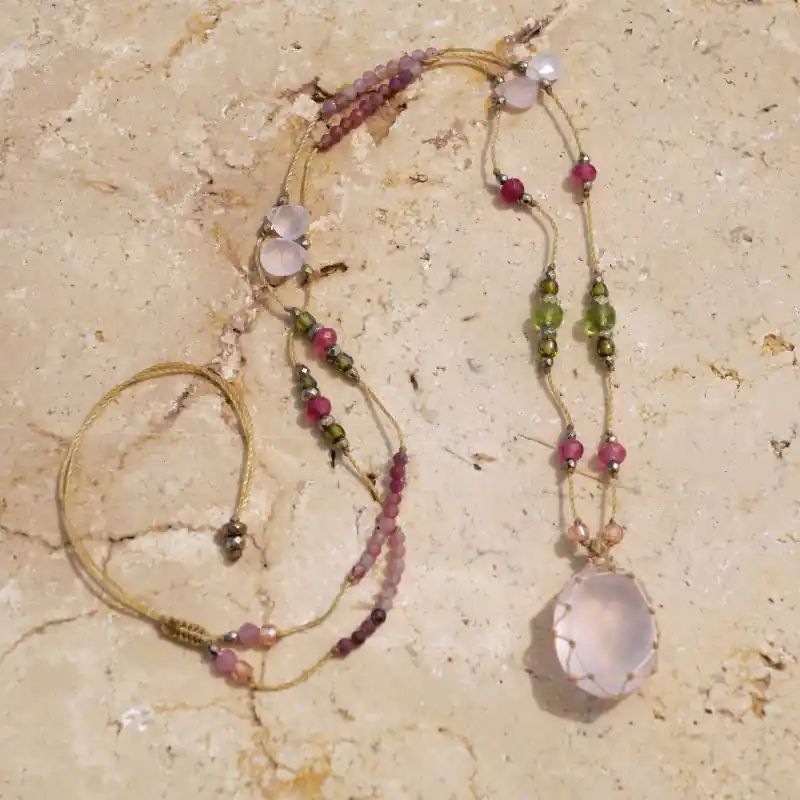 Promotion Saisonnière Collier ajustable grosse pierre facettee Quartz rose