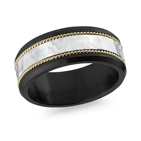Garantie Incluse Promesse Forgée – Alliance 8mm en zirconium noir, centre martelé-brossé en or blanc 10K, bordures tressées en or jaune poli