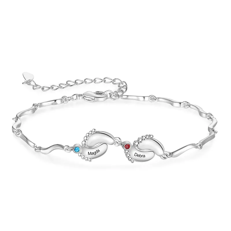 Bracelet Pied Bébé 2 Prénoms Personnalisés avec Pierres de Naissance pour Femme Top Vente