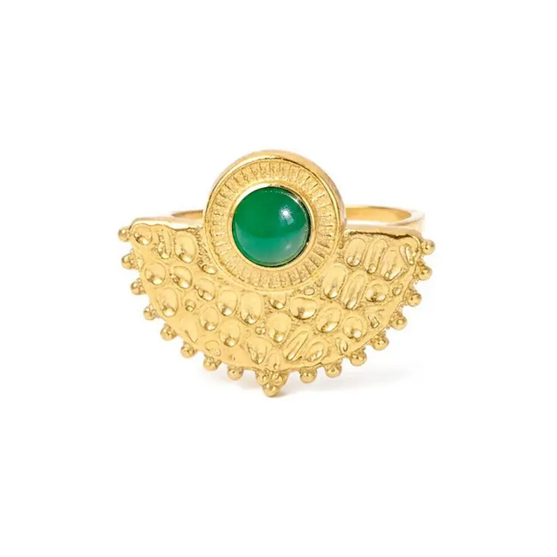 Bague acier inoxydable soleil pierres naturelles agate vert Nouveauté
