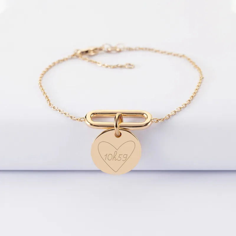 Promotion Saisonnière Bracelet chaîne ovale ouvert personnalisé médaille gravée plaqué or 15 mm - HappyBulle x Mon petit Léon