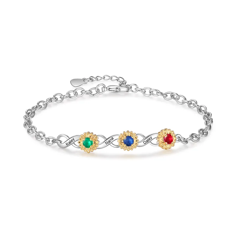 Bracelet Personnalisé Fleurs avec 3 Prénoms et Pierres de Naissance pour Femme | Jessemade Jusqu’à Épuisement Des Stocks