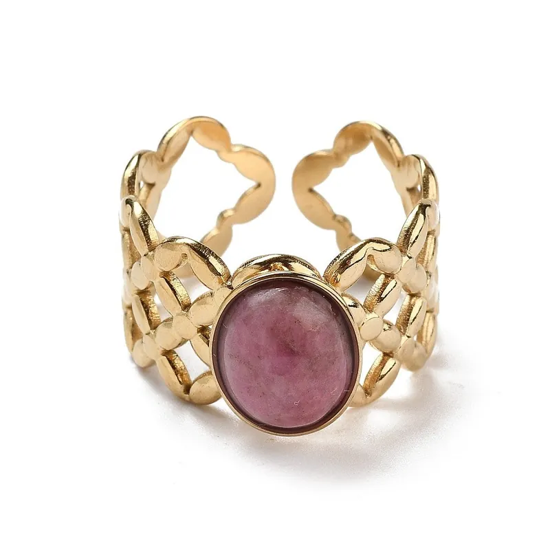Dernière Chance Bague acier inoxydable pierres naturelles rhodonite