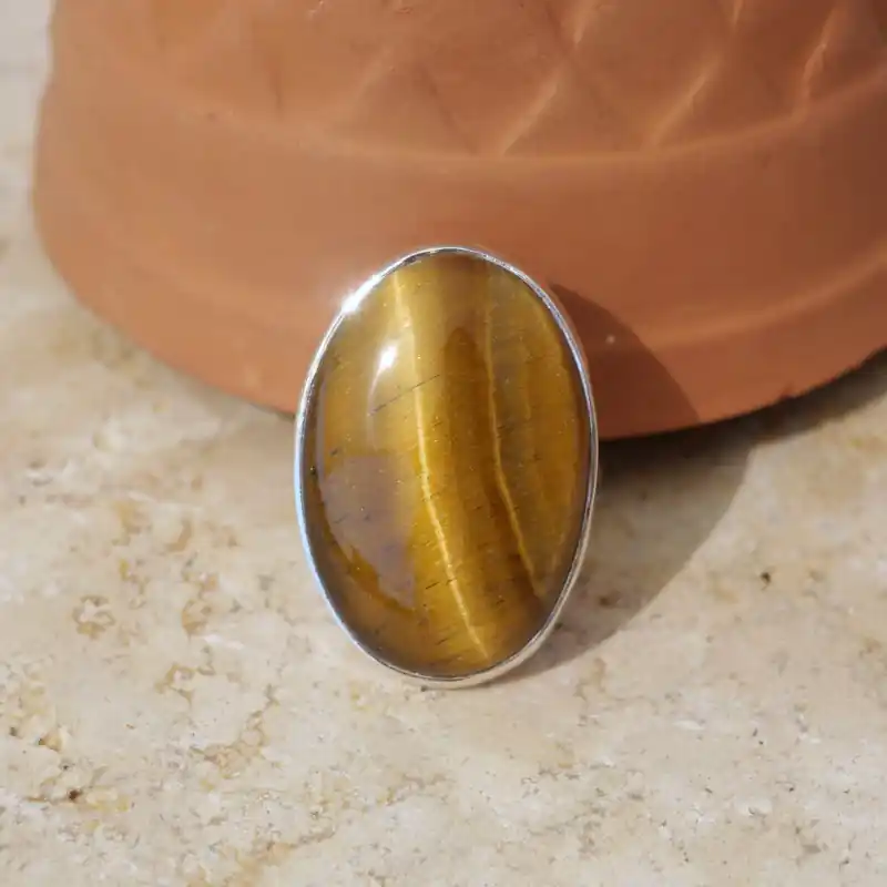 Usine Directe Bague ovale pierre Oeil de tigre et argent T54