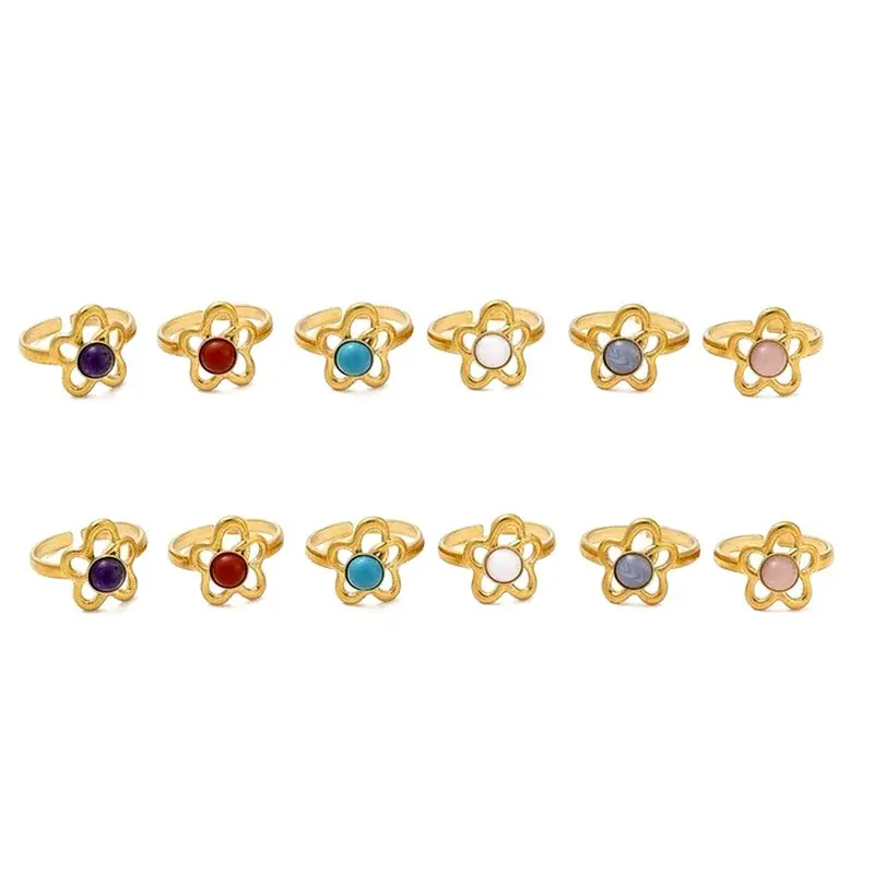 Lot de 12 Bagues acier inoxydable motif fleur pierres naturelles mélangées Soldes
