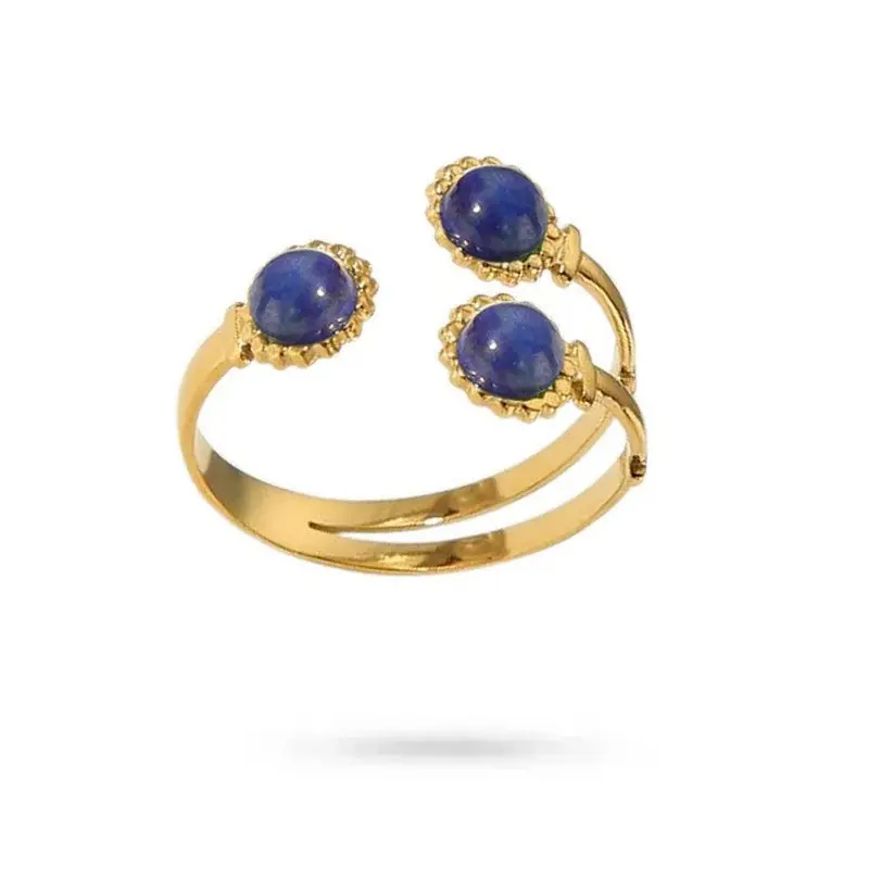 Meilleur Prix Bague pour femme acier inoxydable trois pierres naturelles lapis lazuli