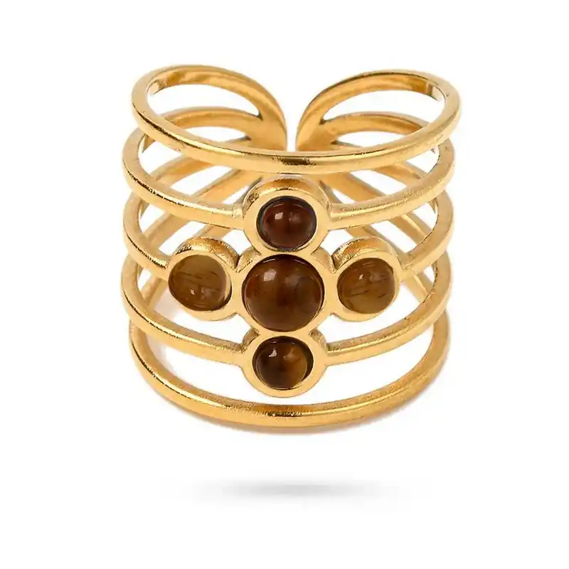 Achat Immédiat Bagues pour femme acier inoxydable quatre pierres naturelles œil de tigre