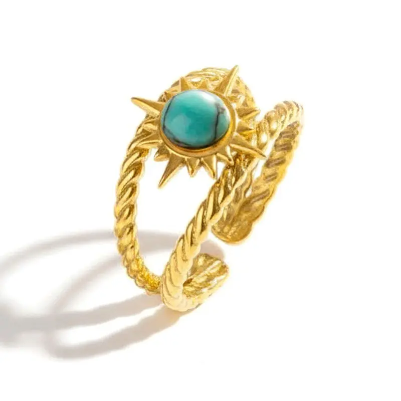 Bagues pour femme soleil acier inoxydable doré pierre naturelle turquoise Dernier Modèle