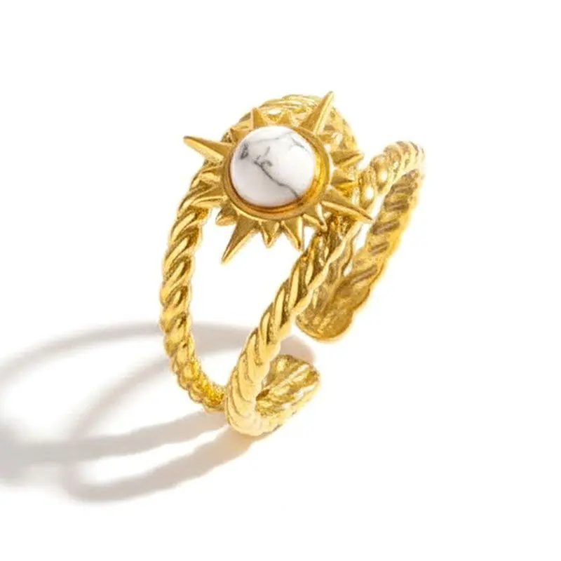 Bagues pour femme soleil acier inoxydable doré pierre naturelle howlite Vente Directe