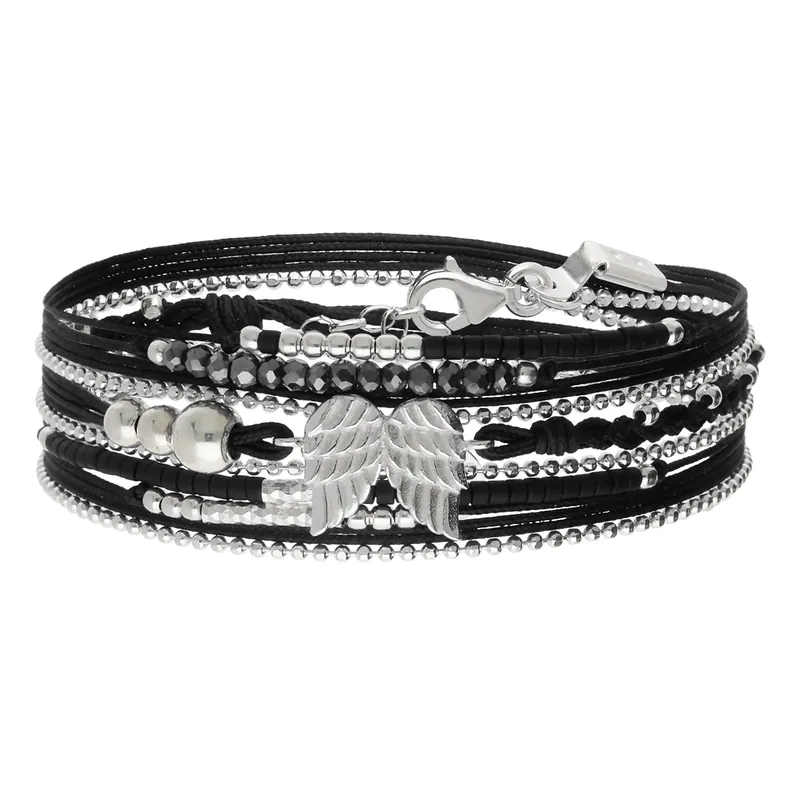 Bracelet 3 Tours Argent 925 Noir Ailes D' Ange Le Messager Vente Flash