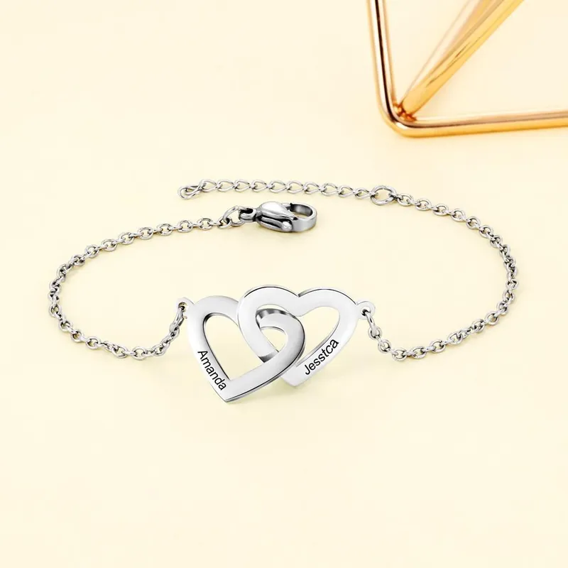 Pas Cher Bracelet Gourmette Coeur Personnalisé Avec 2 Prénoms Bracelet pour Femme Cadeau Maman Fille Anniversaire