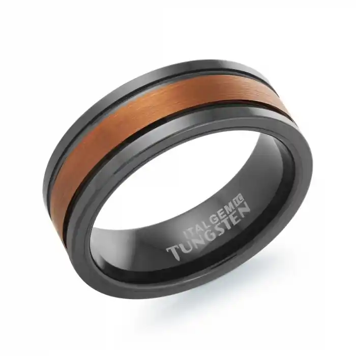 Solde Cuprum 8 mm jonc alliance espresso satiné et noir poli en tungstène pour homme