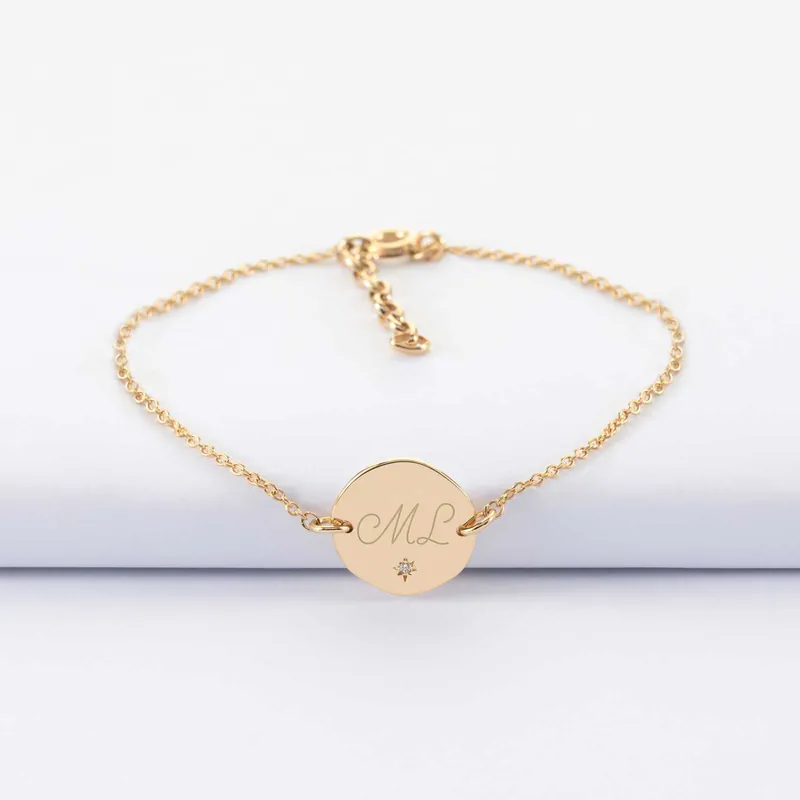 Prix Bas Bracelet chaîne personnalisé médaille scintillante gravée plaqué or initiale 13 mm
