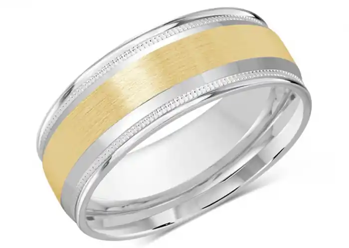 Livraison Express Jonc Stratum 8 mm bande large satinée et millgrain en or 10k deux tons pour homme