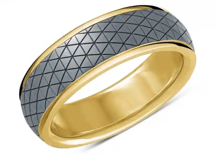 Édition Limitée Jonc Raphael 7 mm motif hachuré gris anthracite et or 14k poli pour homme