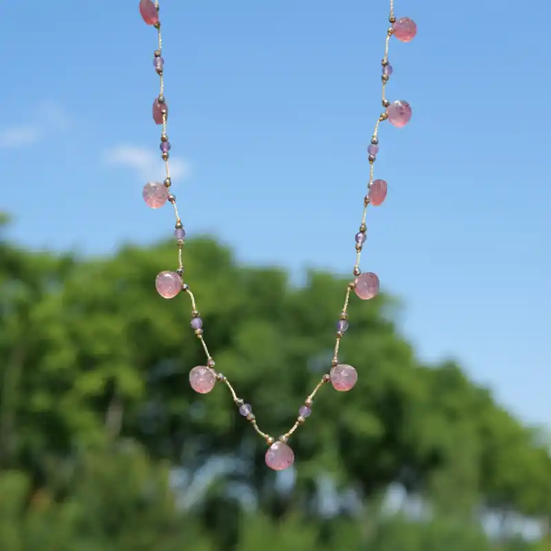 Solde Collier ajustable et gouttes en Quartz strawberry