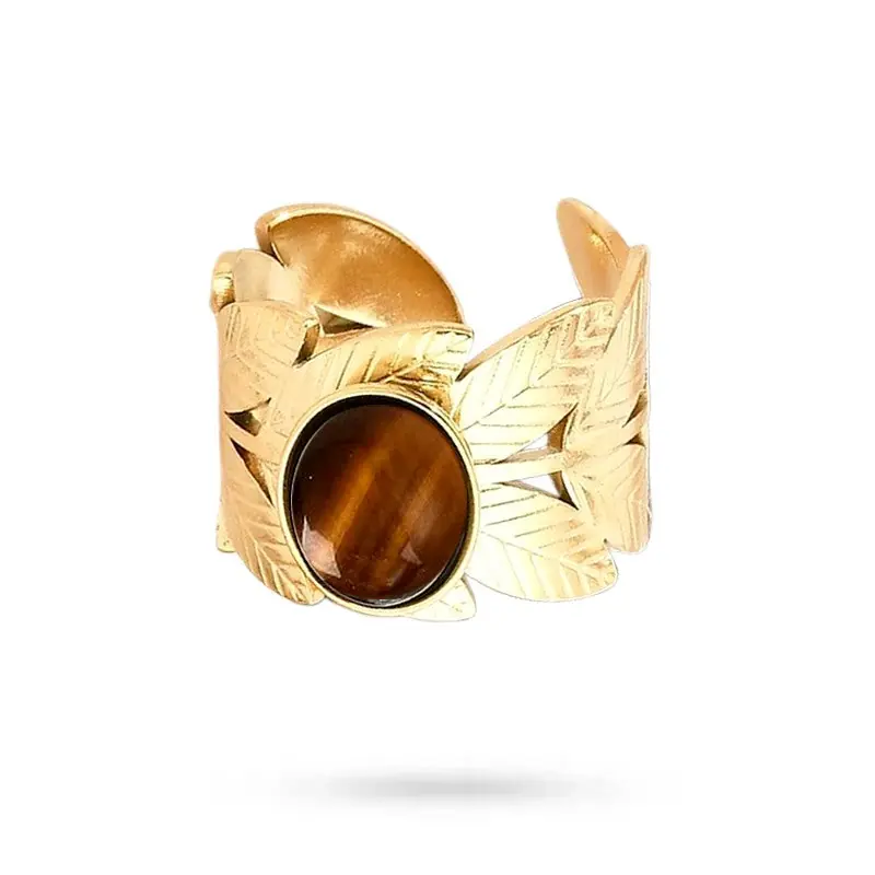 Bagues pour femme acier inoxydable feuille pierre naturelle œil de tigre Bon Marché