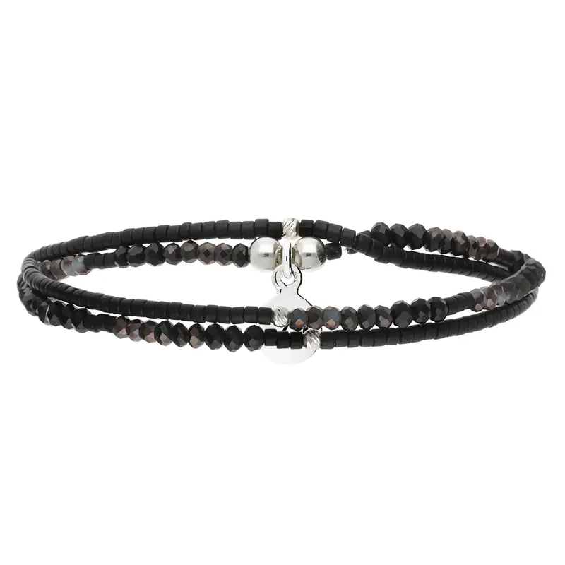 Premium BRACELET ÉLASTIQUE 2 TOURS NOIR INTEMPOREL Argent 925