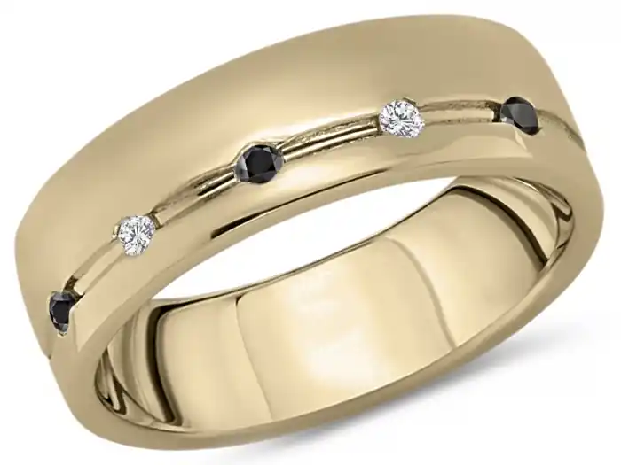 Jonc Panorama diamants blancs et noirs espacés design linéaire asymétrique en or jaune 10k pour homme Top Qualité