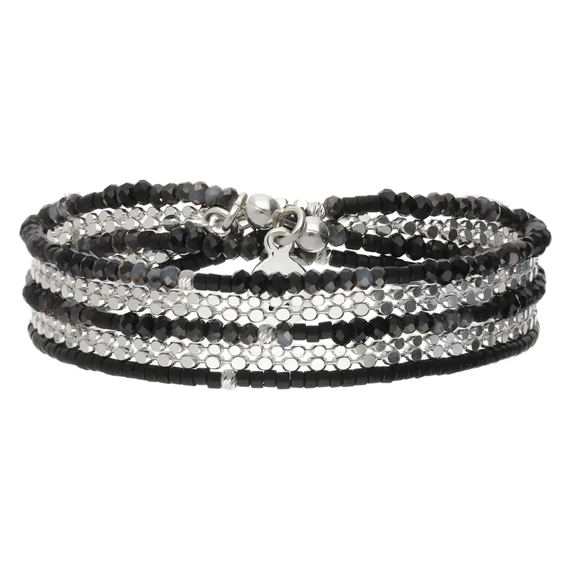 Prix Promo BRACELET ÉLASTIQUE 3 TOURS NOIR INTEMPOREL AVEC 2 CHAINES Argent 925
