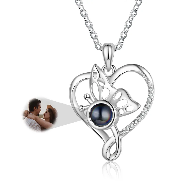 Nouveauté Collier Cœur Papillon Projection de Pierres 1 Photo Personnalisée