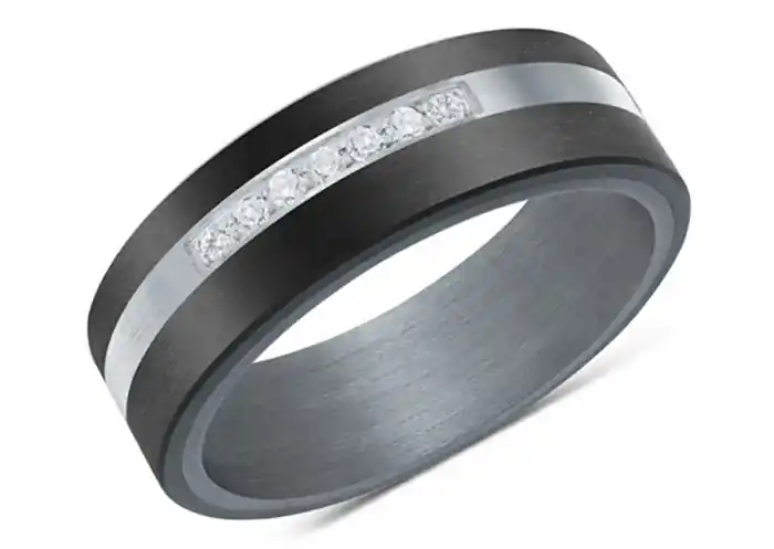 Jonc Uriel 7mm fibre de carbone noir bande or blanc 14k serti de diamants et tantale pour homme Exclusif
