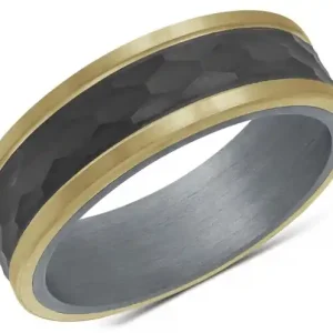 Prix Promo Jonc Asgard 7 mm fibre de carbone noire martelée bordures or jaune 14k et tantale pour homme