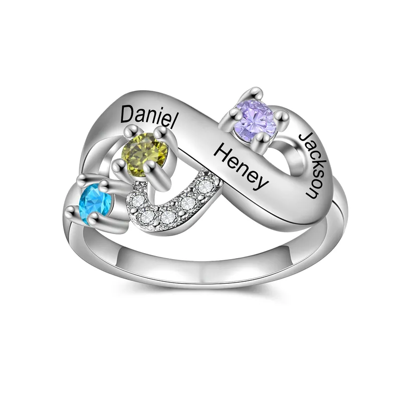 Garantie Incluse Bague Infini 3 Prénom Personnalisé avec 3 Pierre de Naissance