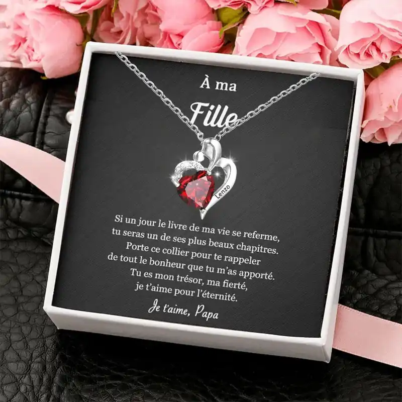 À ma Fille - Collier Cœur 1 Prénom Personnalisé avec Pierre de Naissance Tendance
