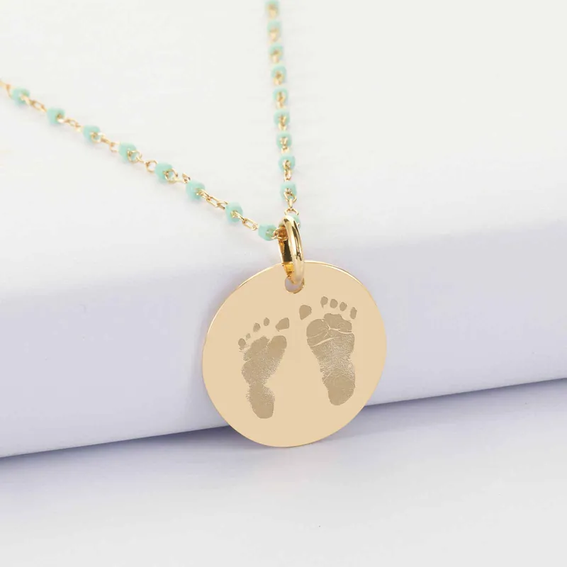 Remise Collier perles Miyuki colorées personnalisé médaille gravée plaqué or 19 mm