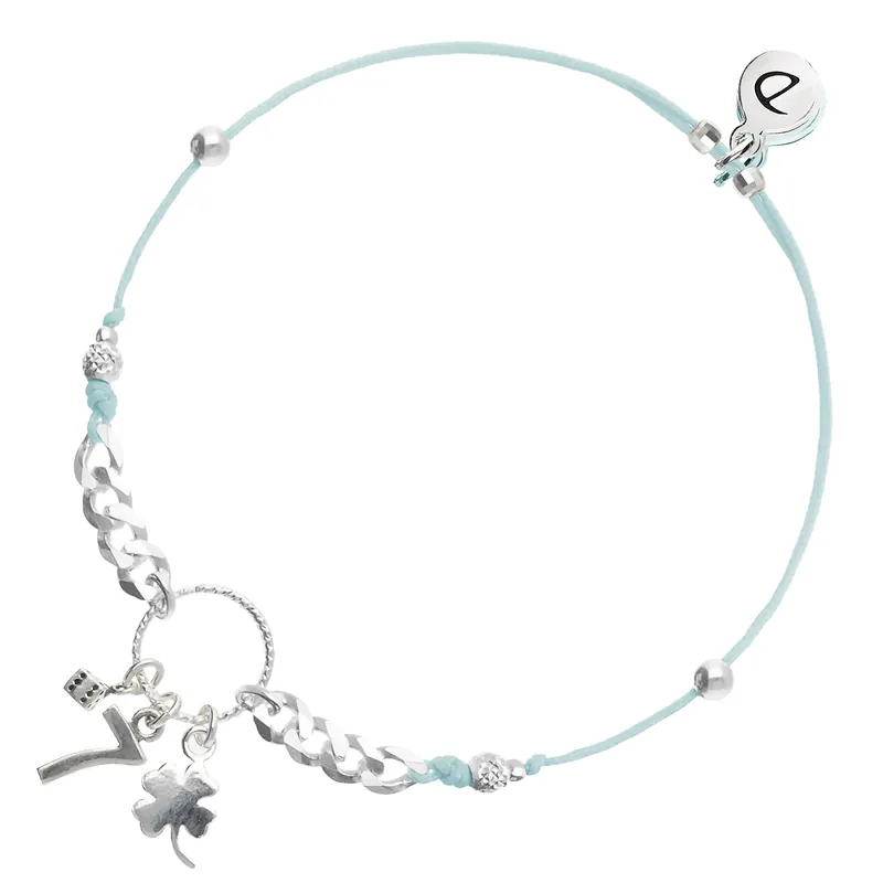 BRACELET CORDON TURQUOISE COULISSANT PETIT DÉ 7 ET TRÈFLE ANNEAU CISELÉ ET CHAÎNE Argent 925 Offre Exclusive