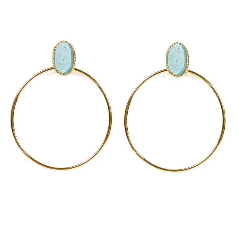 Prix Bas Boucles d'oreilles tombante Rihanna acier inoxydable pierres naturelles amazonite