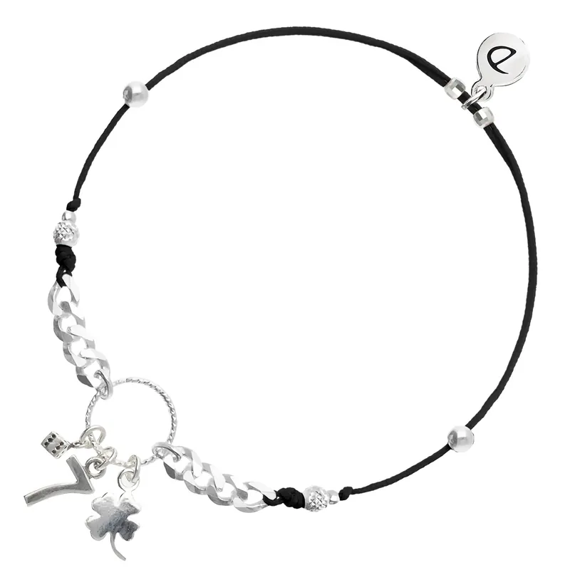BRACELET CORDON NOIR COULISSANT PETIT DÉ 7 ET TRÈFLE ANNEAU CISELÉ ET CHAÎNE Argent 925 Vente Directe