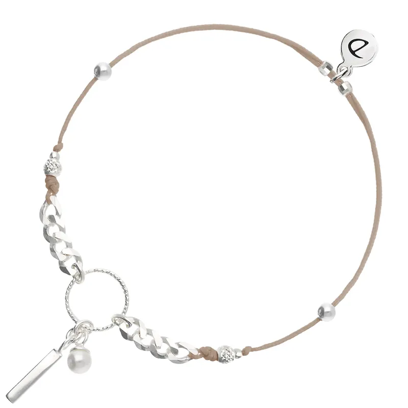 Usine Directe BRACELET CORDON BEIGE COULISSANT PERLE NACRÉE ET BARRE ARGENT ANNEAU CISELÉ CHAÎNE MAILLE ROCK Argent 925